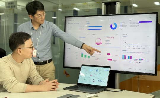 SKT 직원들이 '클라우드 레이다 2.0'을 이용해 고객사의 클라우드 비용 절감 방안을 협의하고 있다. SKT 제공